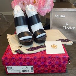 Tory Burch, black platform/wedge leather sandals